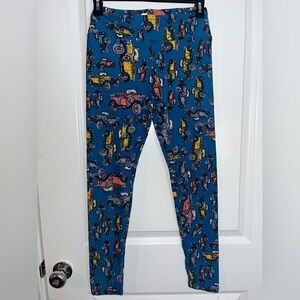 LuLaRoe Buttery Soft Teal Stretch Leggings Classic Vintage Car Print Size OS